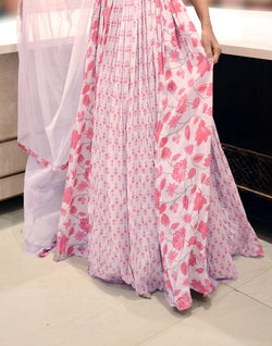 Collection of Pink Floral Print Chiffon Gown in a gallery layout