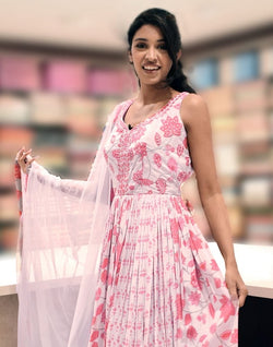 Collection of Pink Floral Print Chiffon Gown in a gallery layout