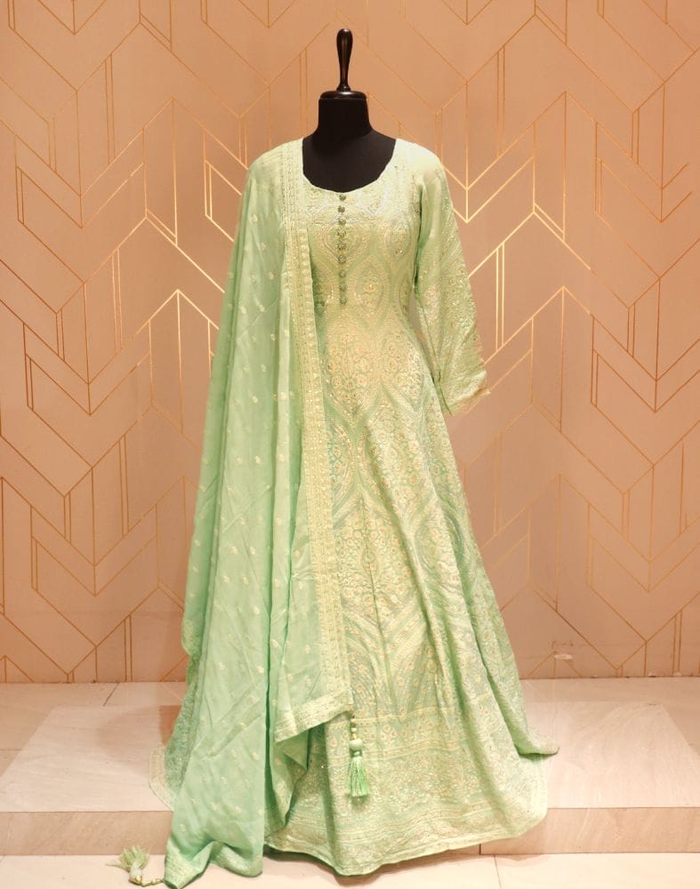 Designer Pista Green Floral Embellished work Georgette Dress Gown with Dupatta