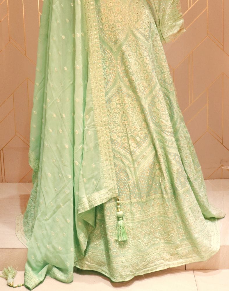 Collection of Designer Pista Green Floral Embellished work Georgette Dress Gown with Dupatta in a gallery layout