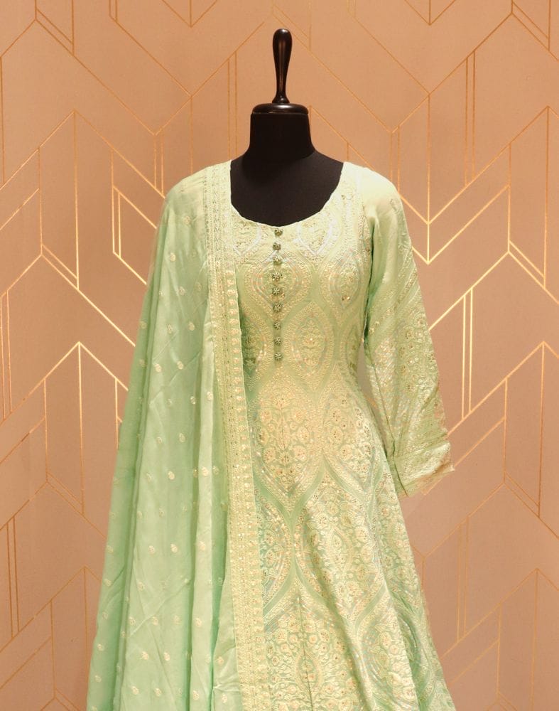 Collection of Designer Pista Green Floral Embellished work Georgette Dress Gown with Dupatta in a gallery layout