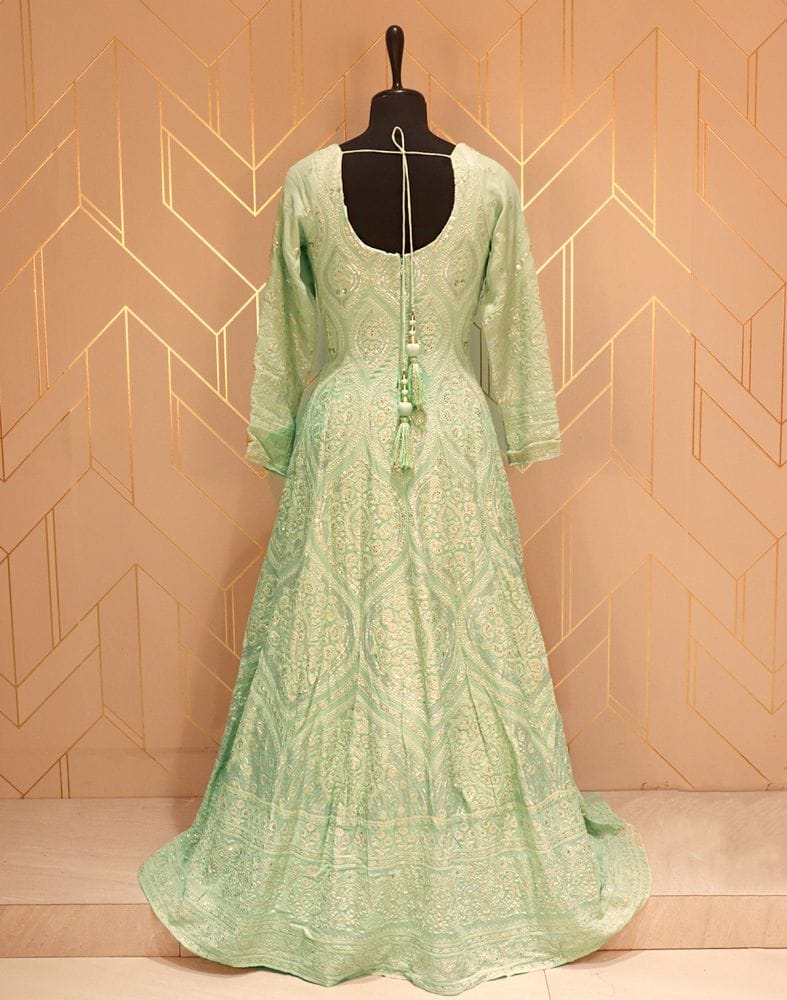 Designer Pista Green Floral Embellished work Georgette Dress Gown with Dupatta