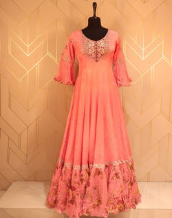 Collection of Designer Peach Coloured fully flared Plain Chiffon fabric Dress Gown in a gallery layout