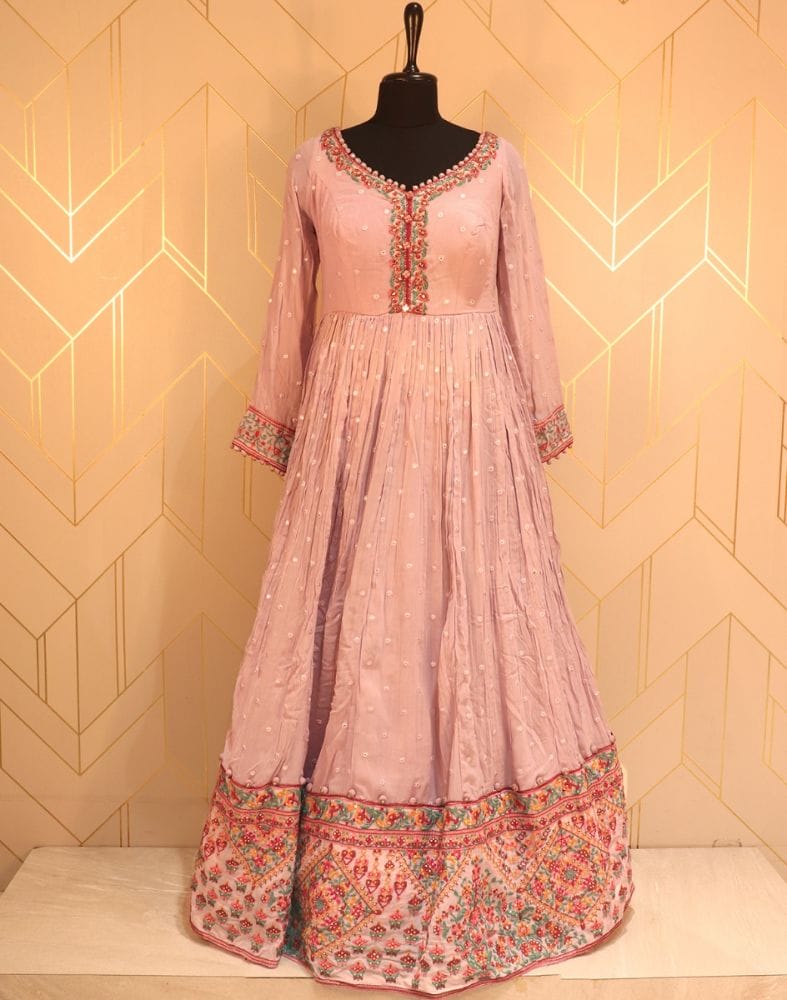 Designer Peach Plain Mirror work Georgette Dress Gown