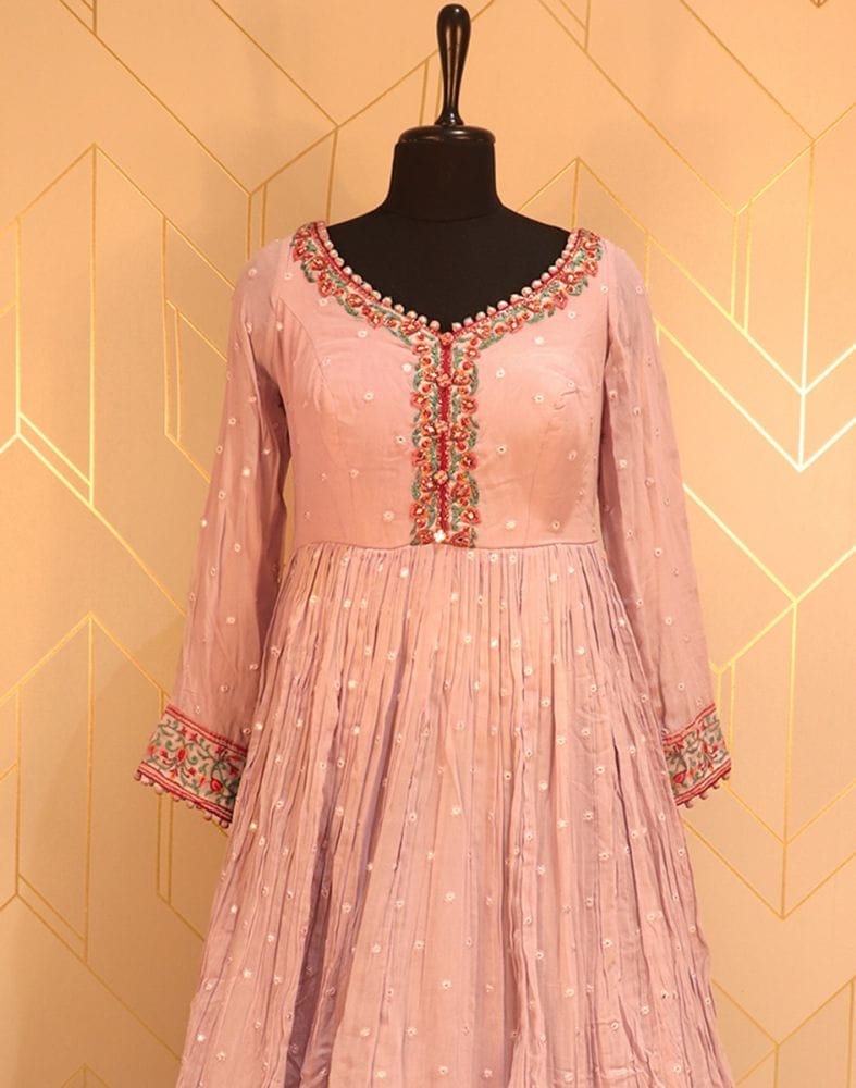 Collection of Designer Peach Plain Mirror work Georgette Dress Gown in a gallery layout