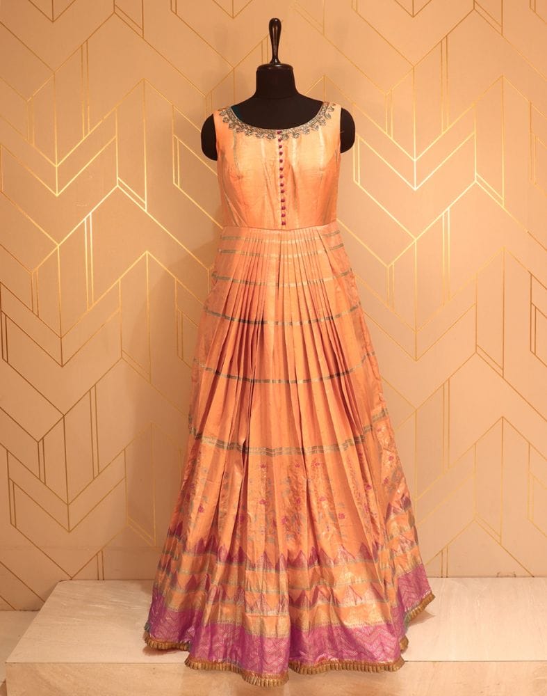 Collection of Designer Orange Striped Print Raw Silk Dress Gown in a gallery layout