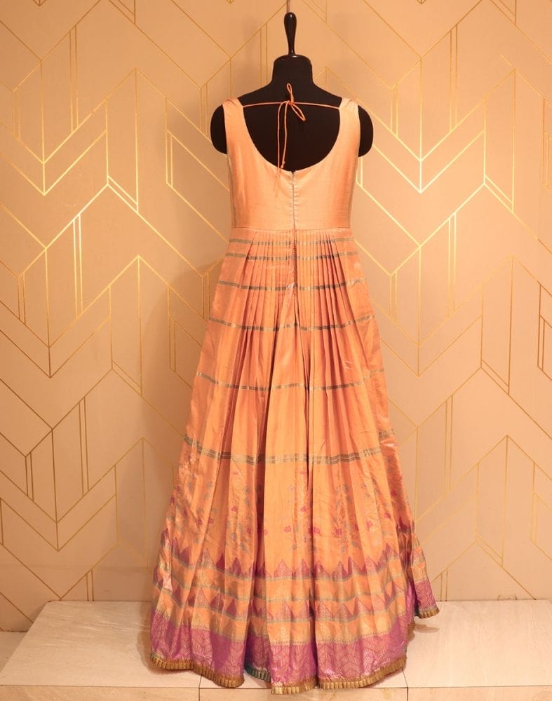 Designer Orange Striped Print Raw Silk Dress Gown