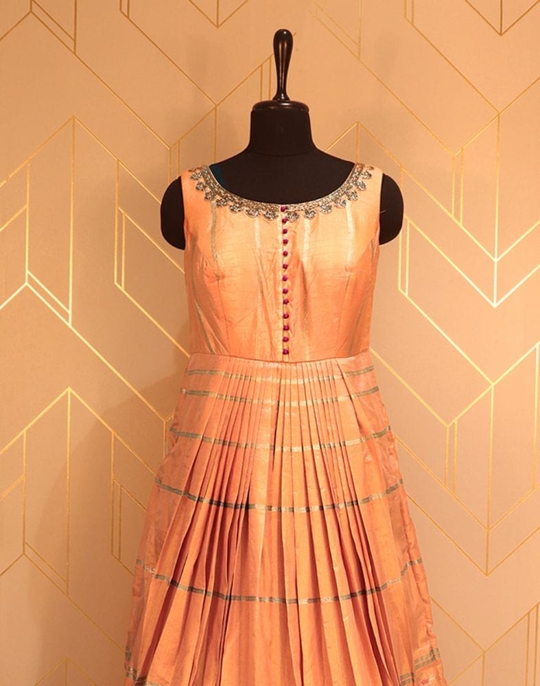 Designer Orange Striped Print Raw Silk Dress Gown