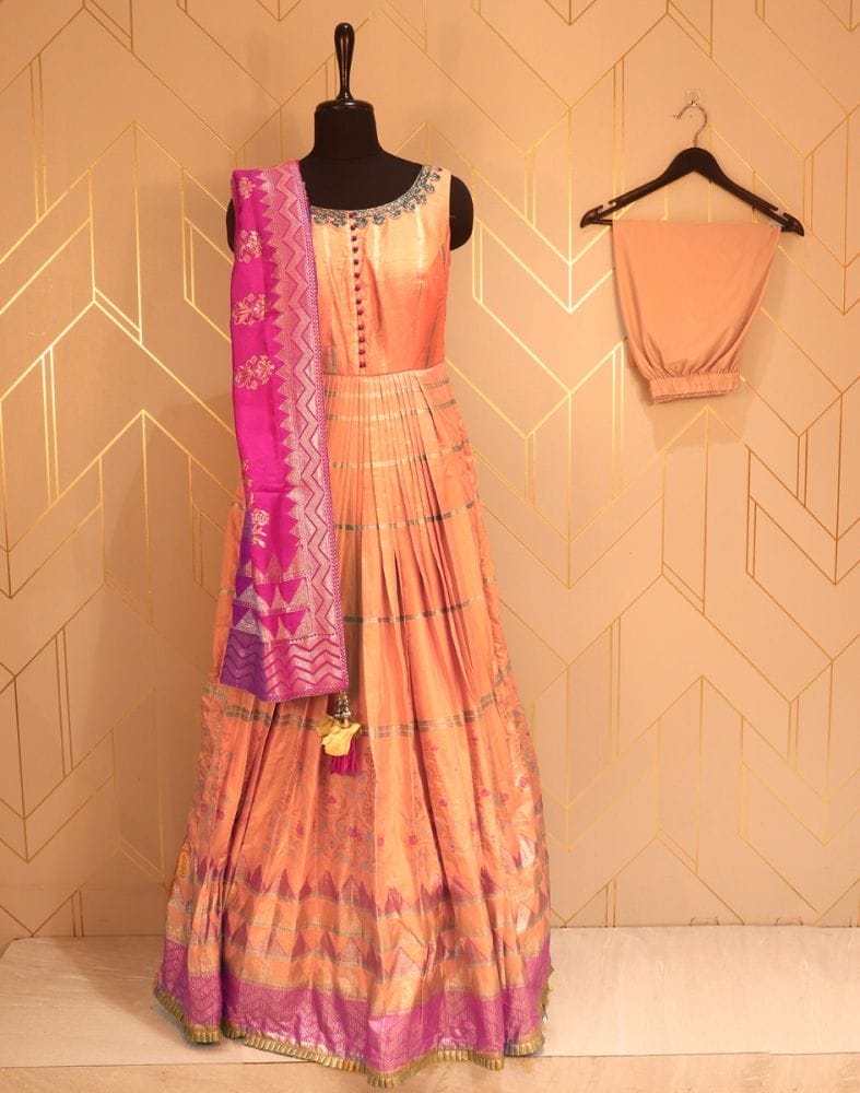 Collection of Designer Orange Striped Print Raw Silk Dress Gown in a gallery layout