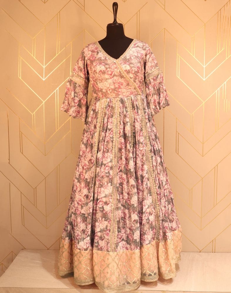 Collection of Designer Light Pink Floral Print Chiffon Dress Gown in a gallery layout