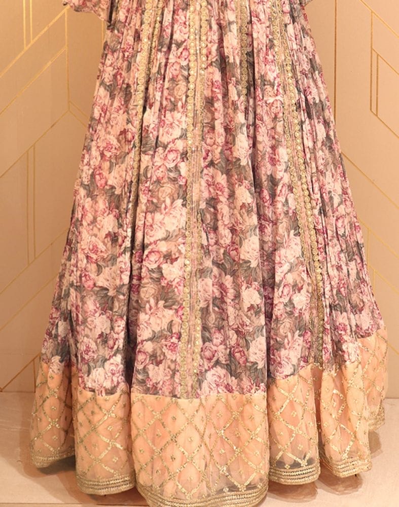 Designer Light Pink Floral Print Chiffon Dress Gown