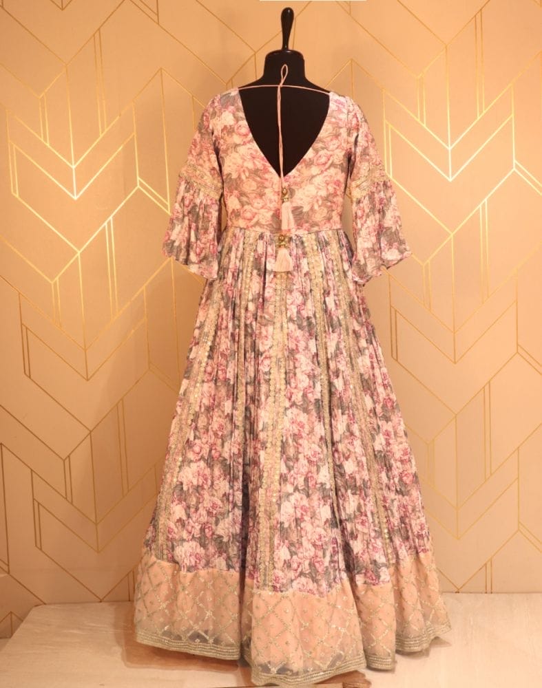 Designer Light Pink Floral Print Chiffon Dress Gown