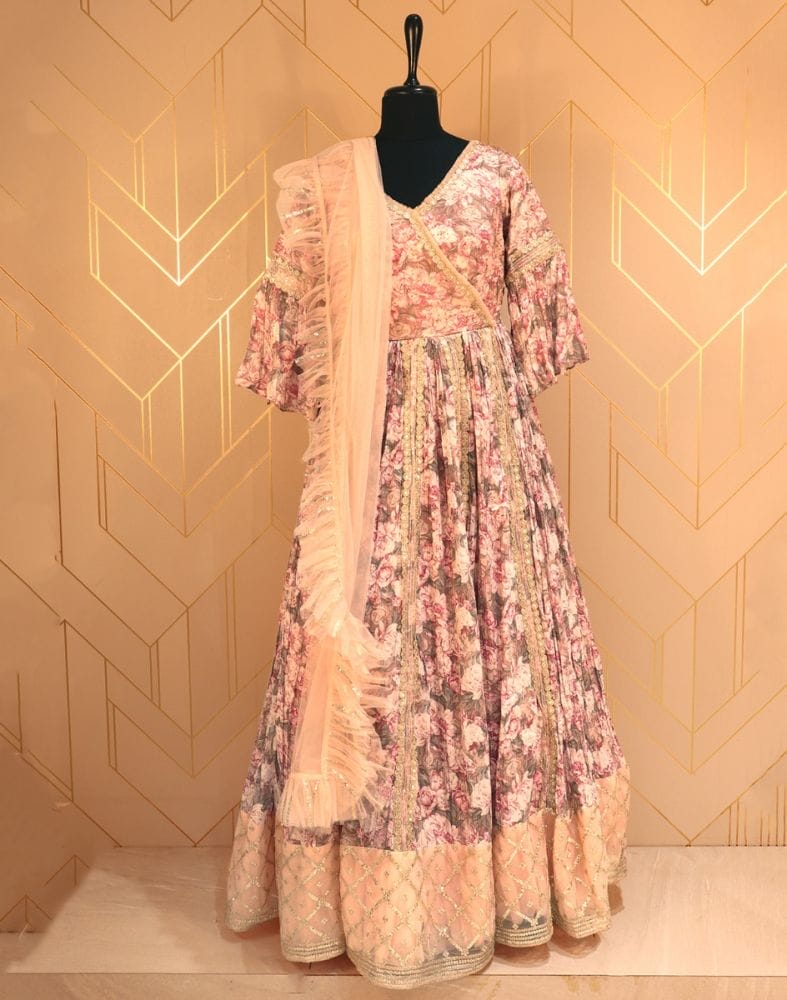 Collection of Designer Light Pink Floral Print Chiffon Dress Gown in a gallery layout