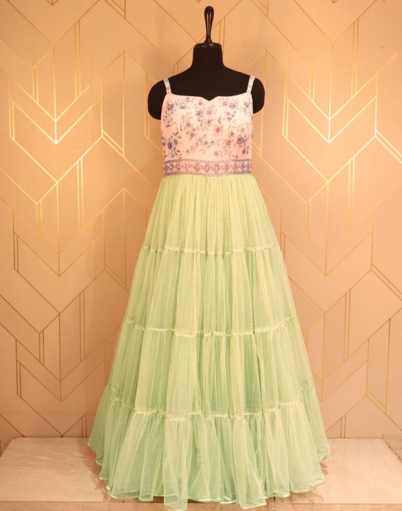 Designer Light Green Embroidery work Netted Dress Gown