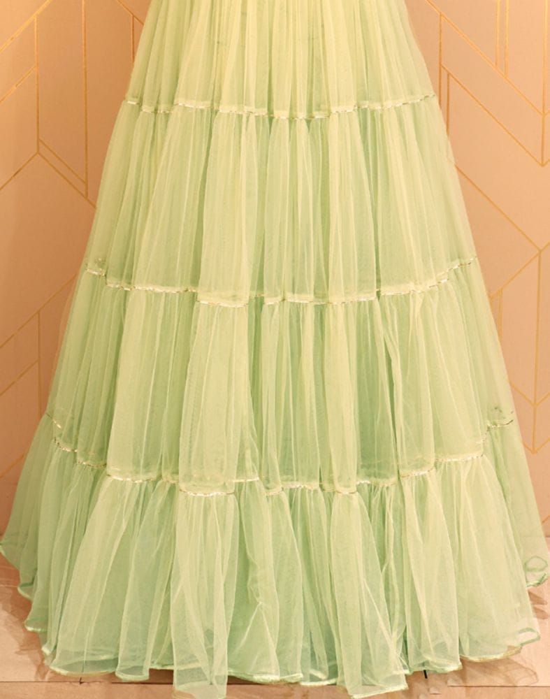 Collection of Designer Light Green Embroidery work Netted Dress Gown in a gallery layout