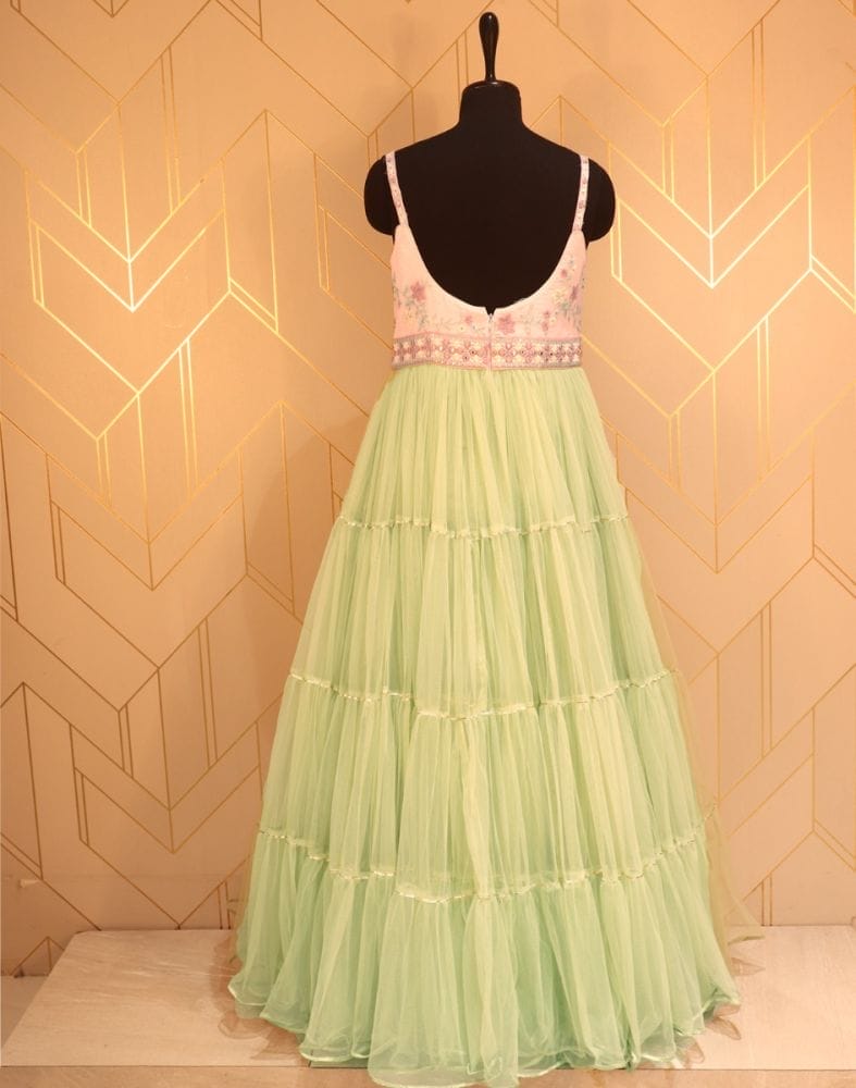 Designer Light Green Embroidery work Netted Dress Gown