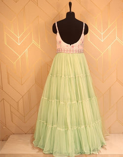 Collection of Designer Light Green Embroidery work Netted Dress Gown in a gallery layout