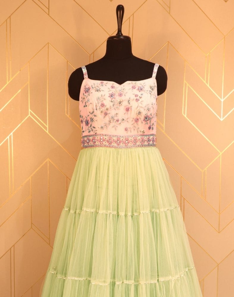 Designer Light Green Embroidery work Netted Dress Gown