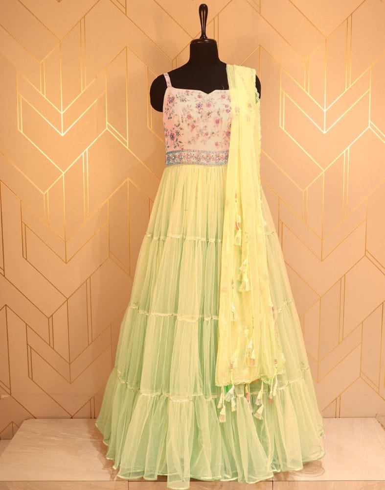 Collection of Designer Light Green Embroidery work Netted Dress Gown in a gallery layout