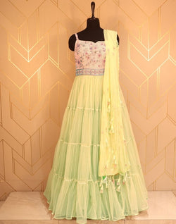 Collection of Designer Light Green Embroidery work Netted Dress Gown in a gallery layout