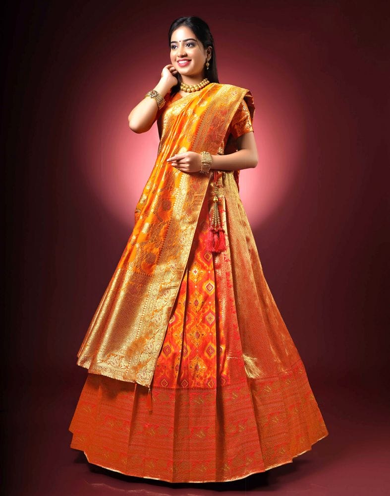 Collection of Beautiful Party Wear Orange and Red Coloured Half Saree Set in a gallery layout