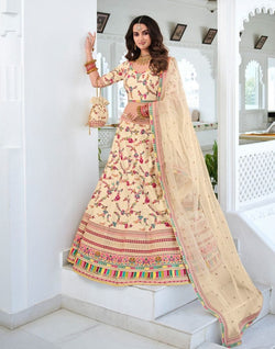 Collection of Elegant Cream Floral Raw Silk embroidered Half Saree in a gallery layout