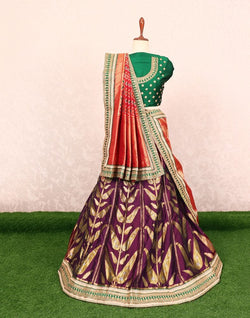 Collection of Violet Botanical Banaras Silk heavy zari Half Saree in a gallery layout