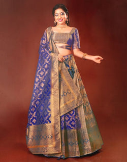 Collection of Traditional Navy Blue Floral Pattern Zari Banaras Fancy lehenga set in a gallery layout