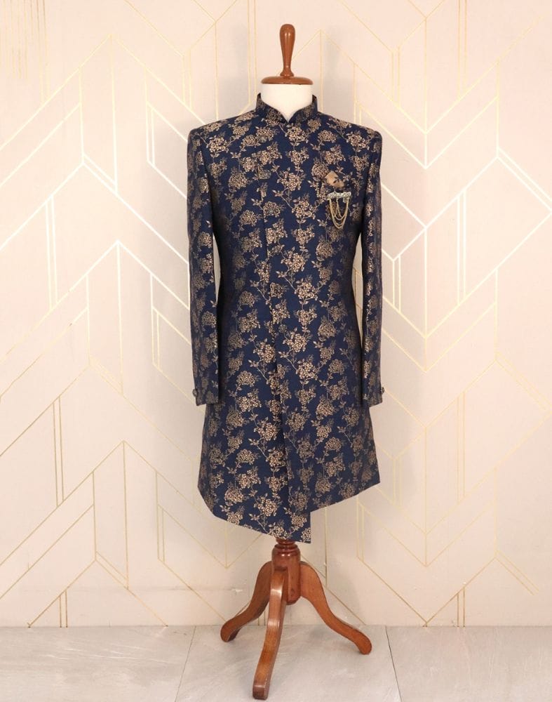 Jacquard Blue Coloured Floral Weave Indo-Western Set