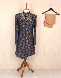 Collection of Jacquard Blue Coloured Floral Weave Indo-Western Set in a gallery layout