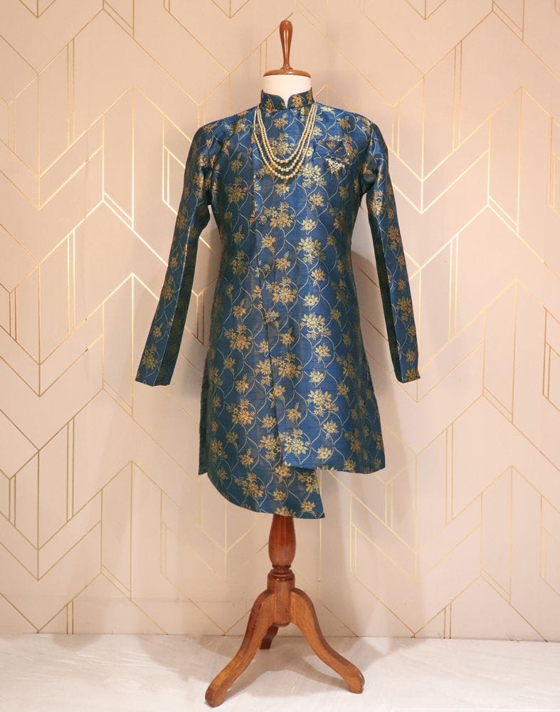 Collection of Blue Coloured Floral Raw Silk Indo-Western Set in a gallery layout