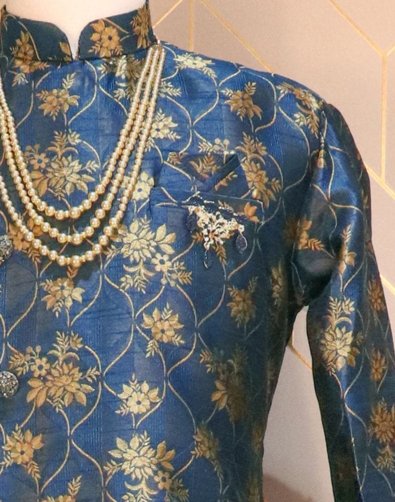 Blue Coloured Floral Raw Silk Indo-Western Set