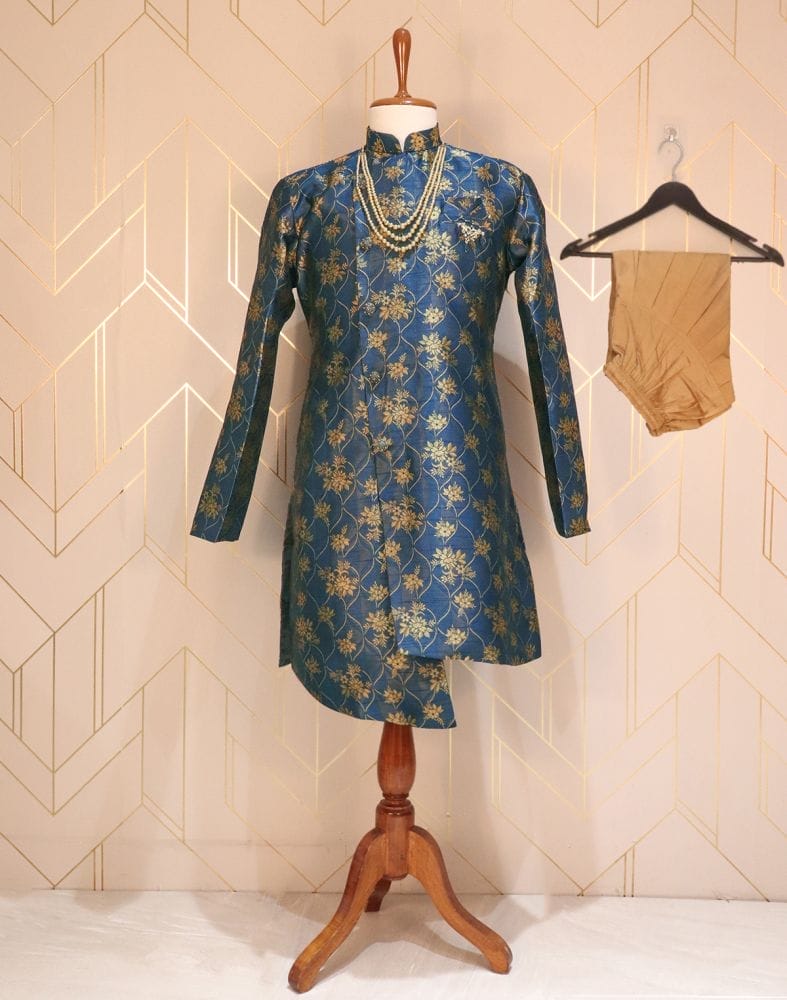 Blue Coloured Floral Raw Silk Indo-Western Set