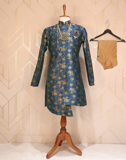 Collection of Blue Coloured Floral Raw Silk Indo-Western Set in a gallery layout