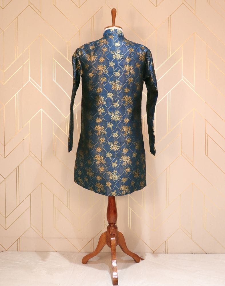 Collection of Blue Coloured Floral Raw Silk Indo-Western Set in a gallery layout