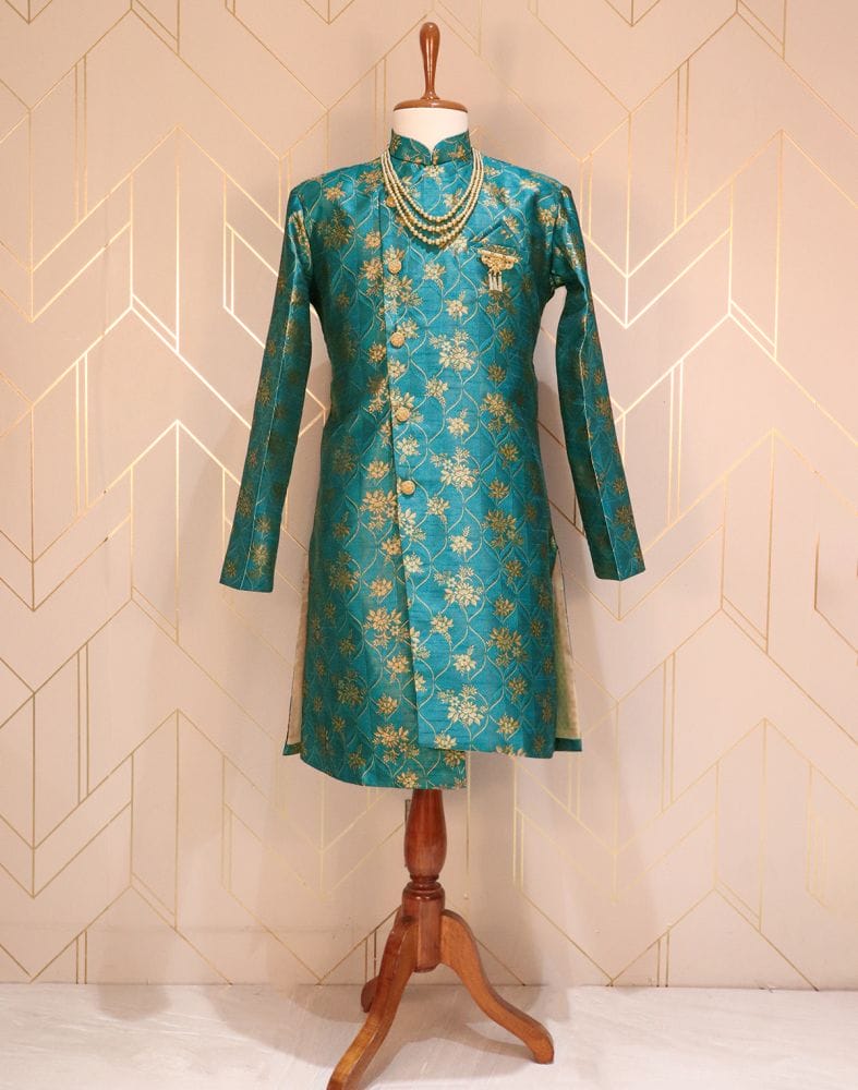 Green Coloured Floral Raw Silk Indo-Western Set