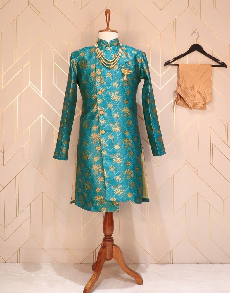 Green Coloured Floral Raw Silk Indo-Western Set