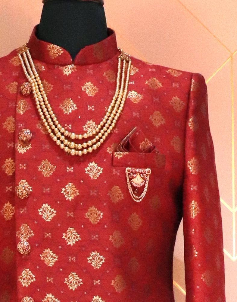 Collection of Maroon Jacquard Indo-Western Set in a gallery layout