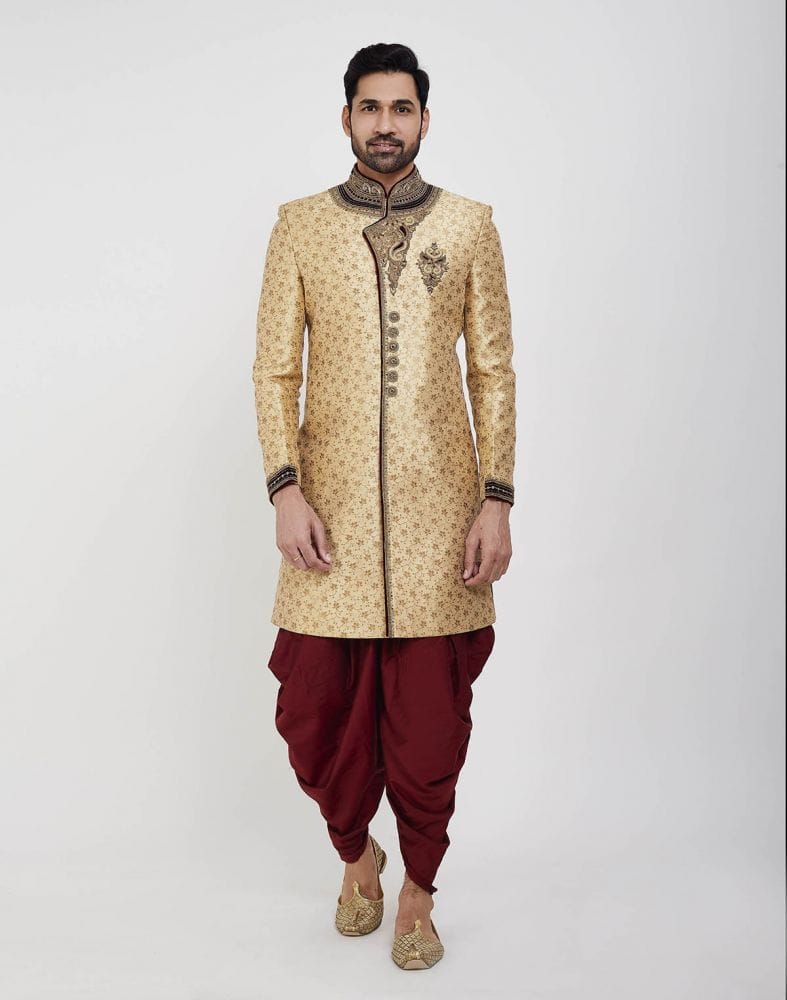 Collection of Gold Zardosi Embroidery And Collar Work Wedding Sherwani in a gallery layout