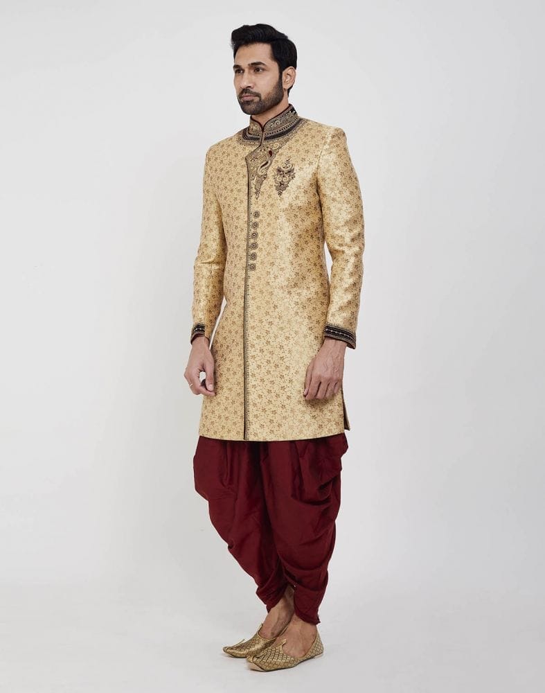 Collection of Gold Zardosi Embroidery And Collar Work Wedding Sherwani in a gallery layout