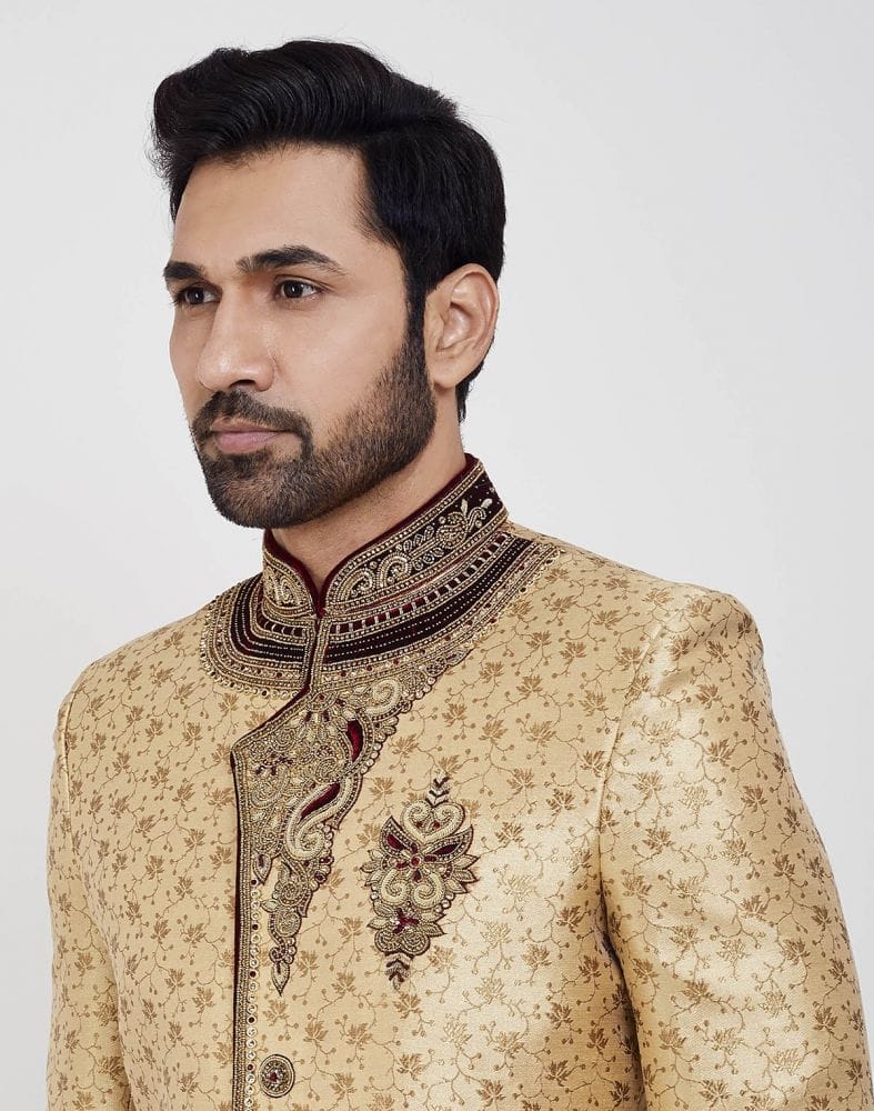 Collection of Gold Zardosi Embroidery And Collar Work Wedding Sherwani in a gallery layout