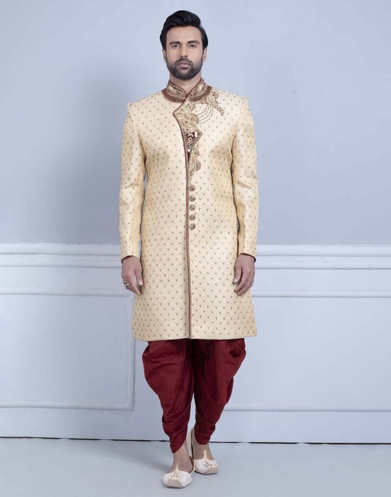 Collection of Gold Self Design Zardosi Work Sherwani For Wedding in a gallery layout