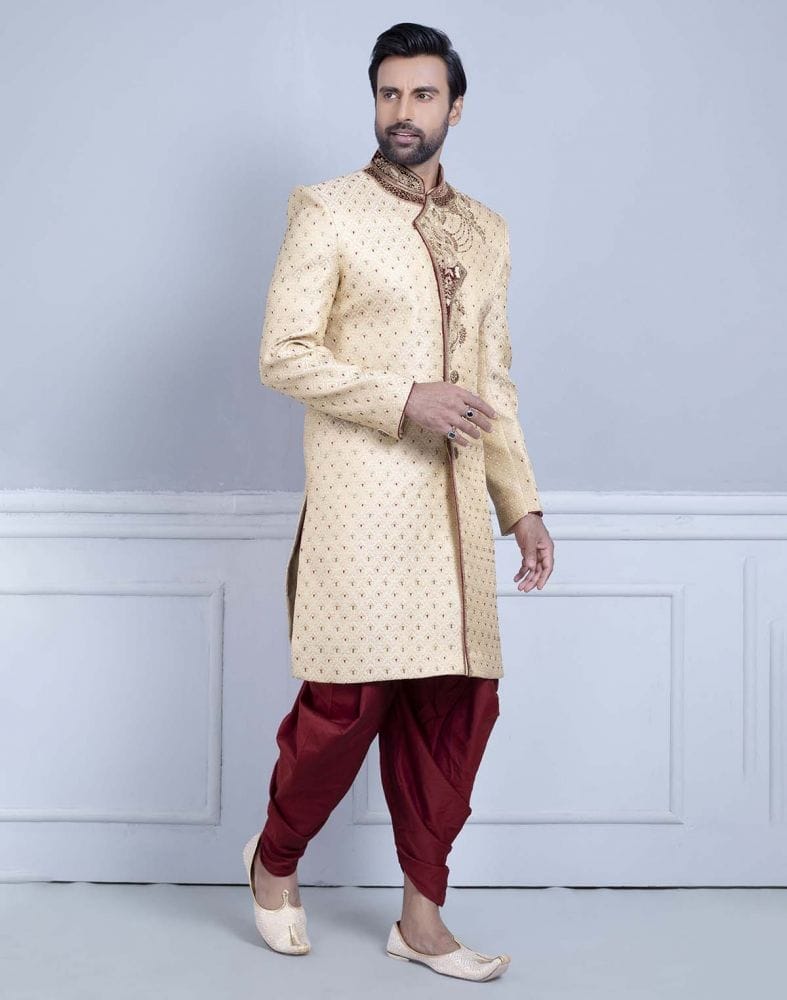 Gold Self Design Zardosi Work Sherwani For Wedding