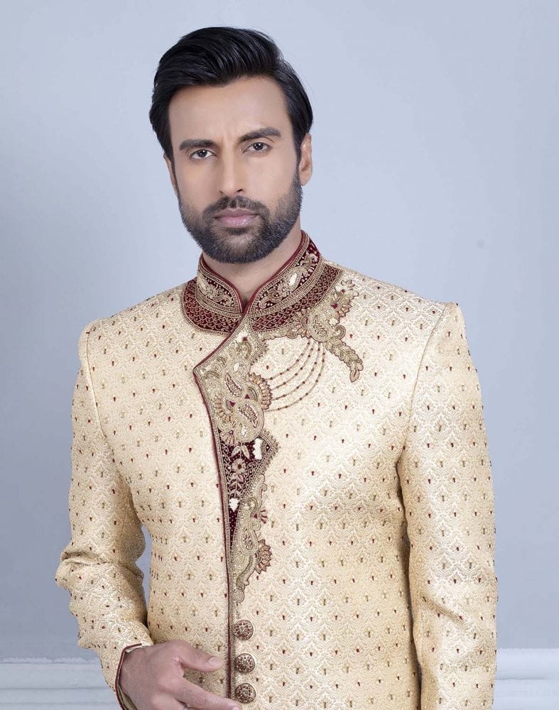 Gold Self Design Zardosi Work Sherwani For Wedding