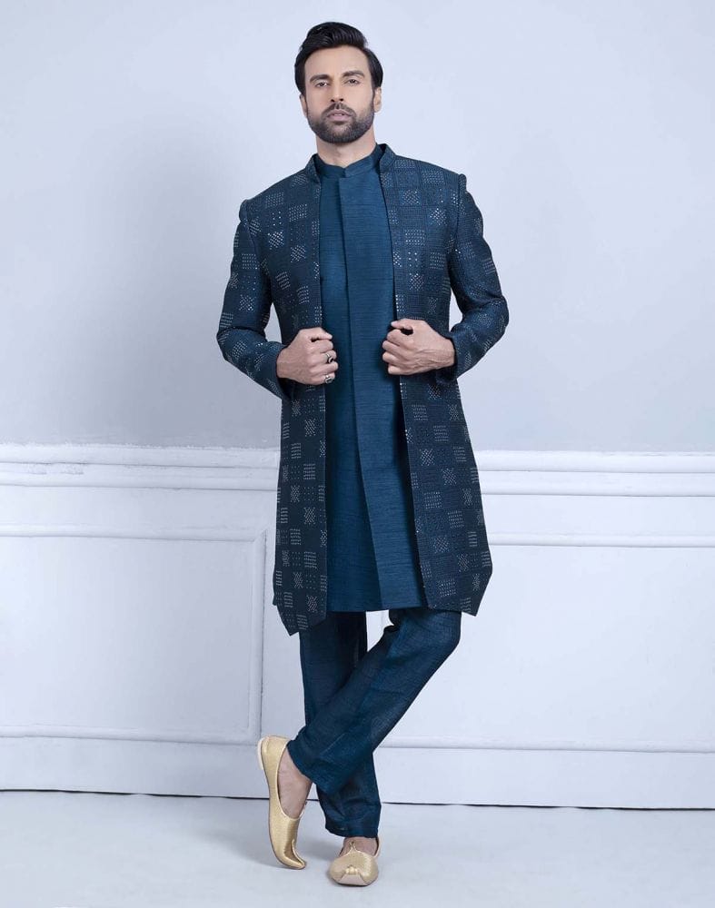 Raw Silk All Over Stylish Sequence Work Indo Open Jacket Set