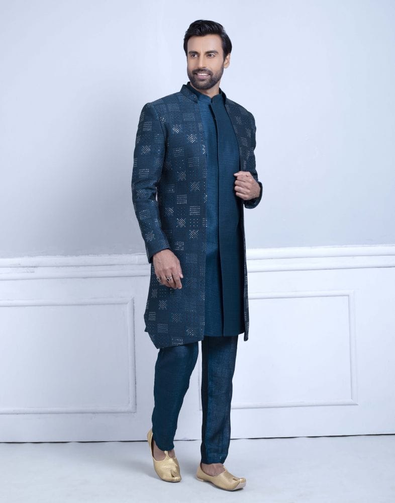 Raw Silk All Over Stylish Sequence Work Indo Open Jacket Set