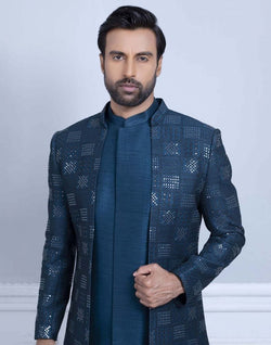 Collection of Raw Silk All Over Stylish Sequence Work Indo Open Jacket Set in a gallery layout