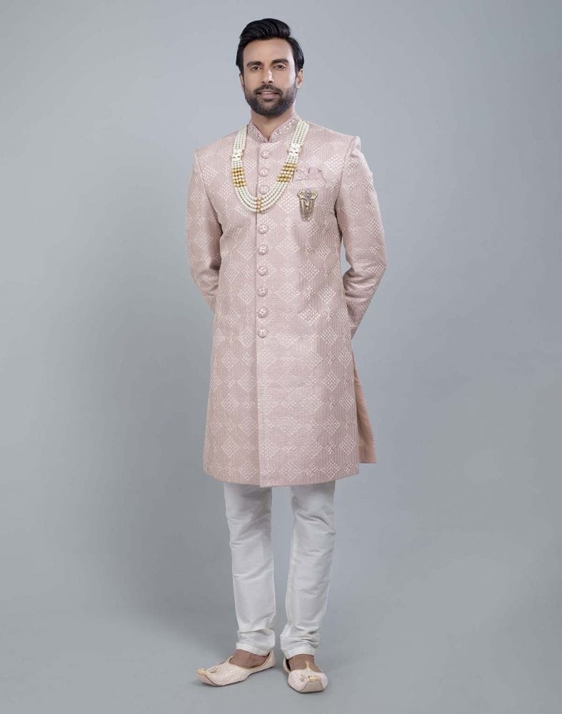 Light Pink Coloured Jacquard With Sequence Work Sherwani Set