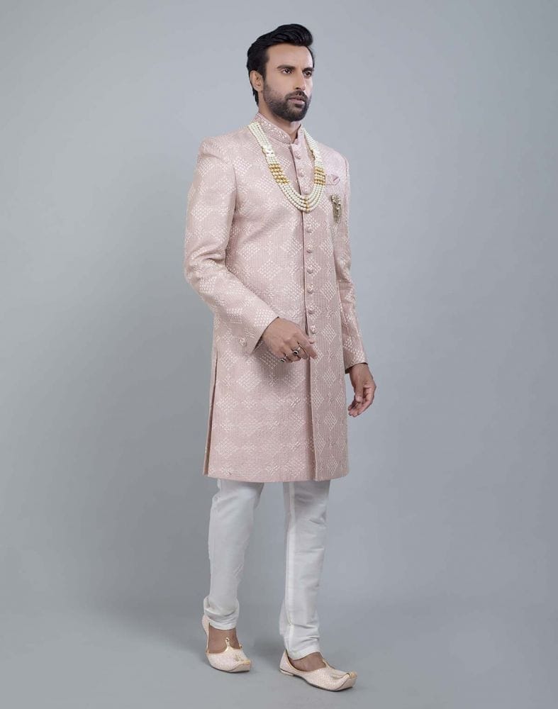 Light Pink Coloured Jacquard With Sequence Work Sherwani Set