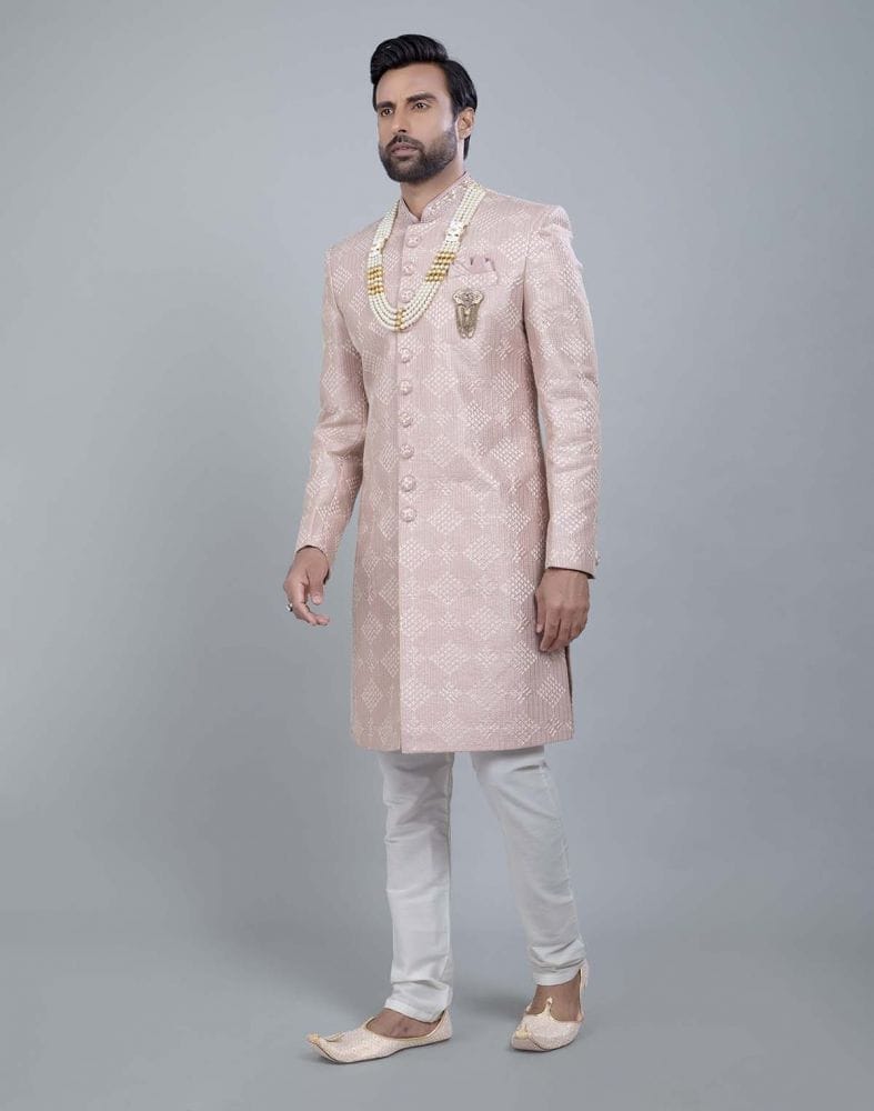 Collection of Light Pink Coloured Jacquard With Sequence Work Sherwani Set in a gallery layout